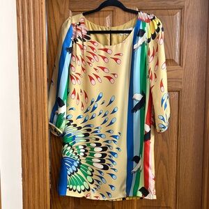 Tibi 100% silk peacock print dress, size 6 bohemian resort